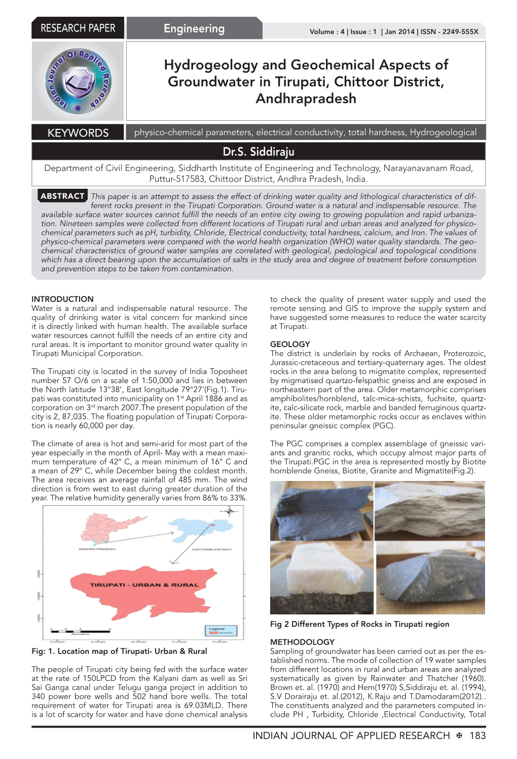 Hydrogeology and Geochemical Aspects of Groundwater in Tirupati, Chittoor District, Andhrapradesh