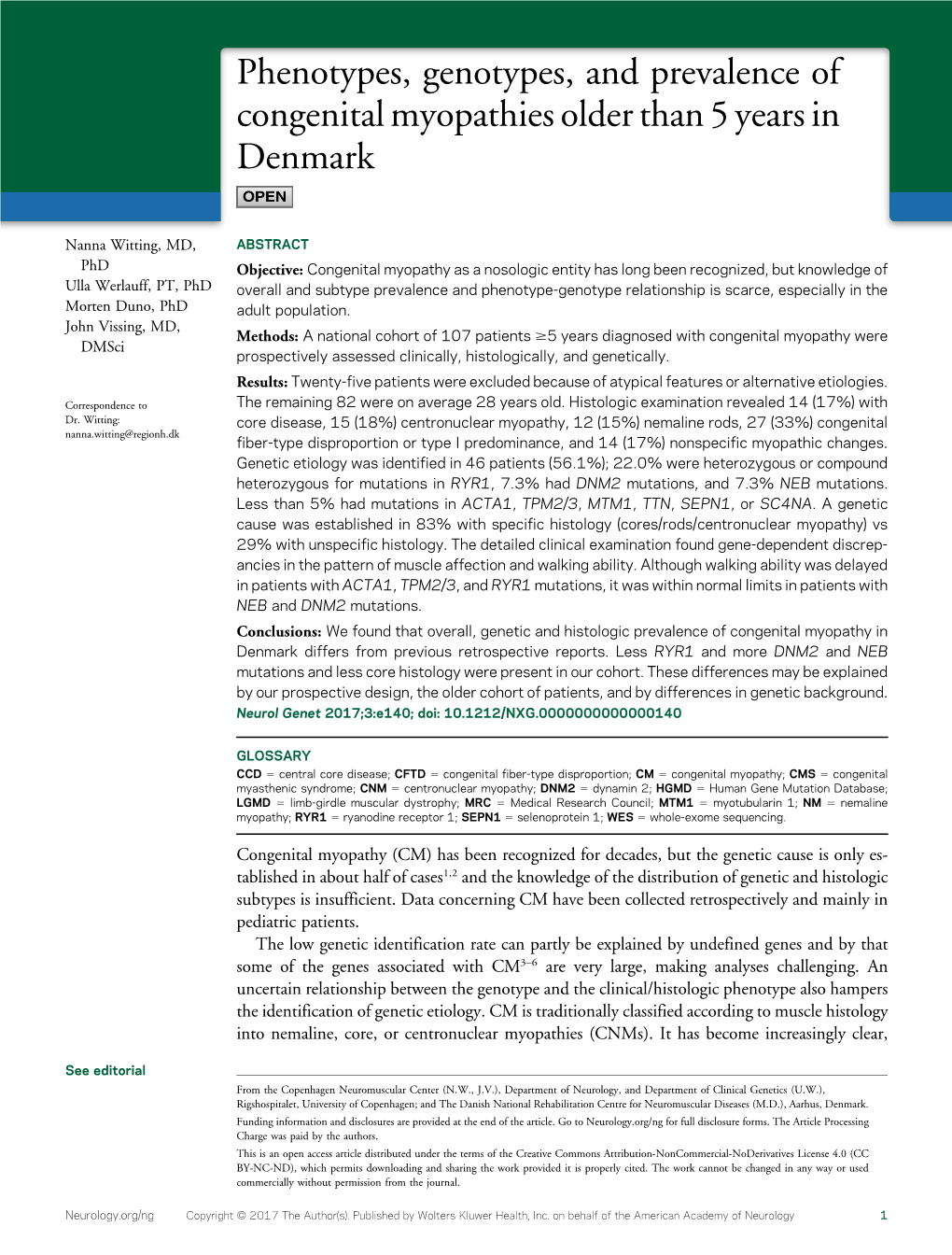 Phenotypes, Genotypes, and Prevalence of Congenital Myopathies Older Than 5 Years in Denmark