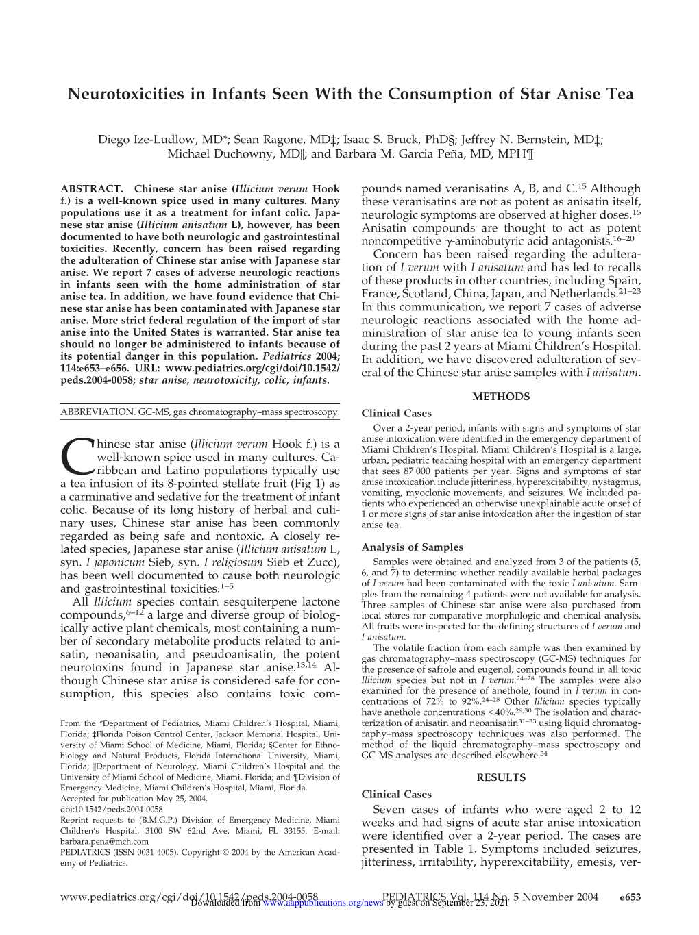 Neurotoxicities in Infants Seen with the Consumption of Star Anise Tea