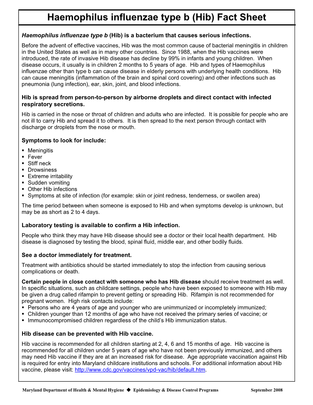 Haemophilus Influenzae Type B (Hib) Fact Sheet