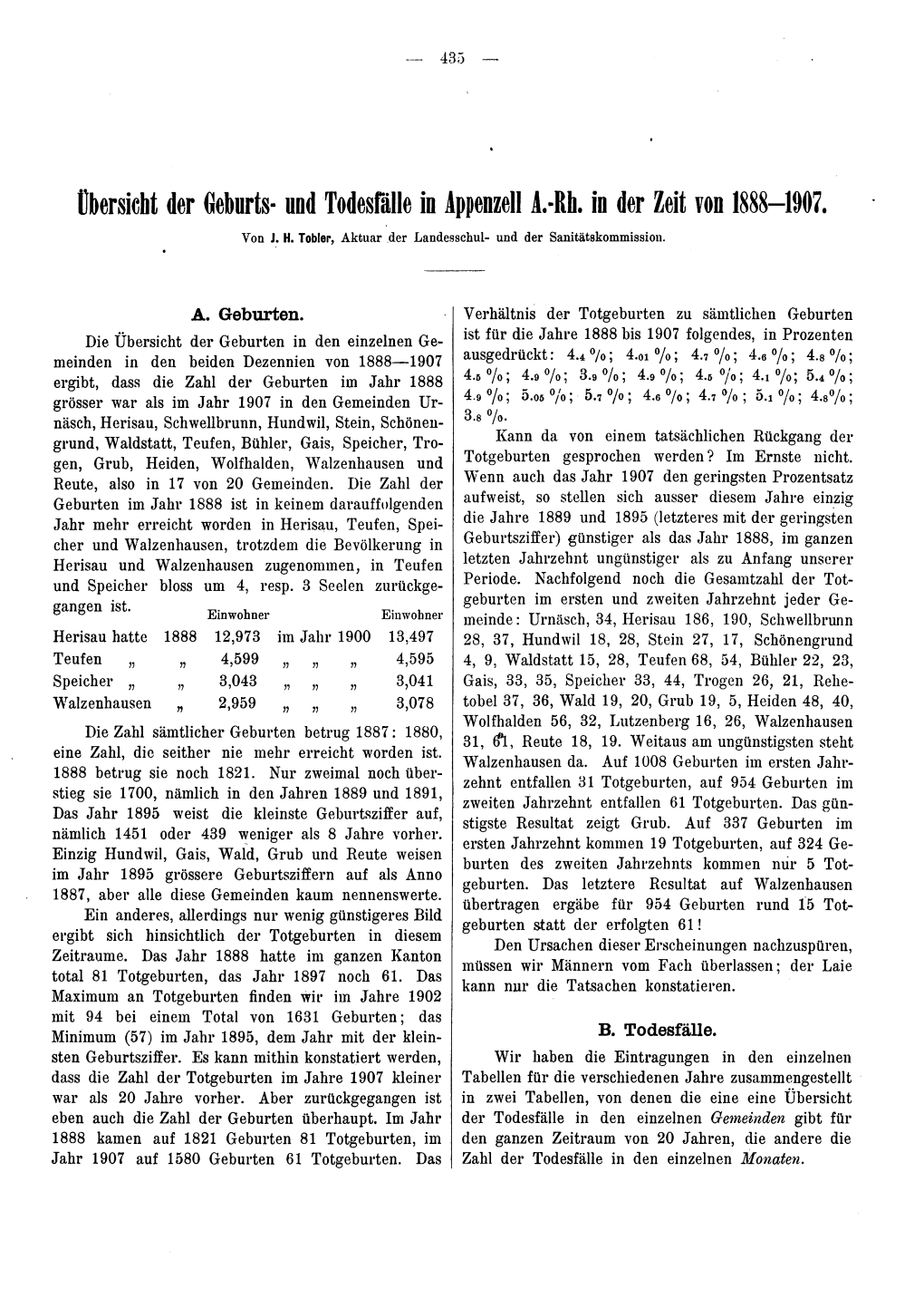 Übersicht Der Geburts- Und Todesfälle in Appenzell A.-RL in Der Zeit Von 1888-1907