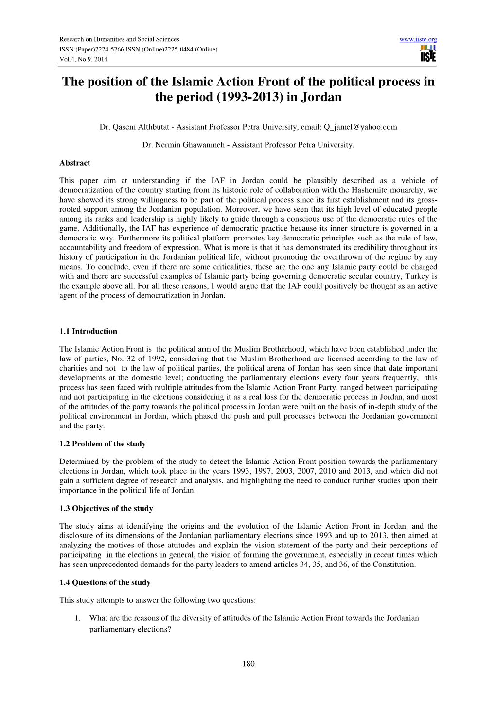 The Position of the Islamic Action Front of the Political Process in the Period (1993-2013) in Jordan