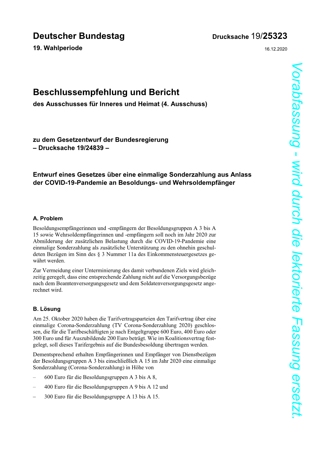 Gesetzesentwurf Sonderzahlung COVID-19