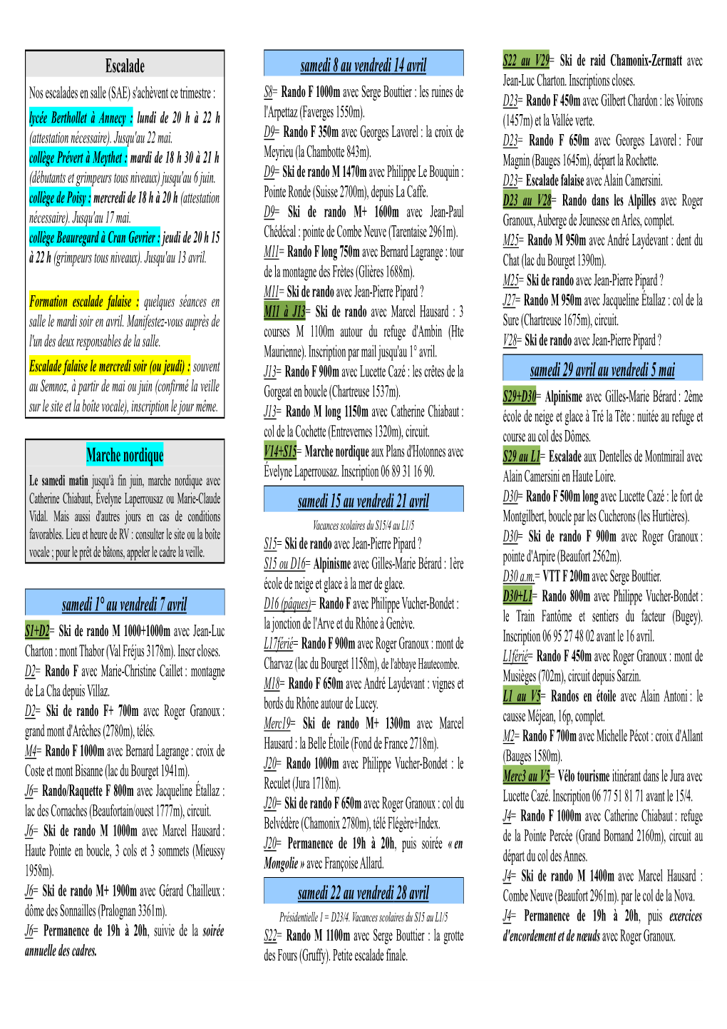 Escalade Marche Nordique Samedi 1° Au Vendredi 7 Avril Samedi 8 Au Vendredi 14 Avril Samedi 15 Au Vendredi 21 Avril Samedi 22 A