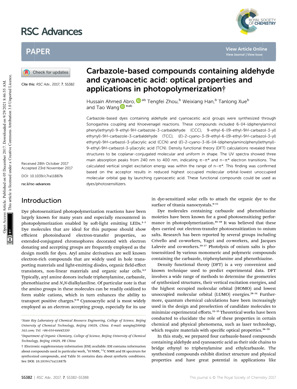 Carbazole-Based Compounds Containing Aldehyde and Cyanoacetic Acid: Optical Properties and Cite This: RSC Adv.,2017,7,55382 Applications in Photopolymerization†