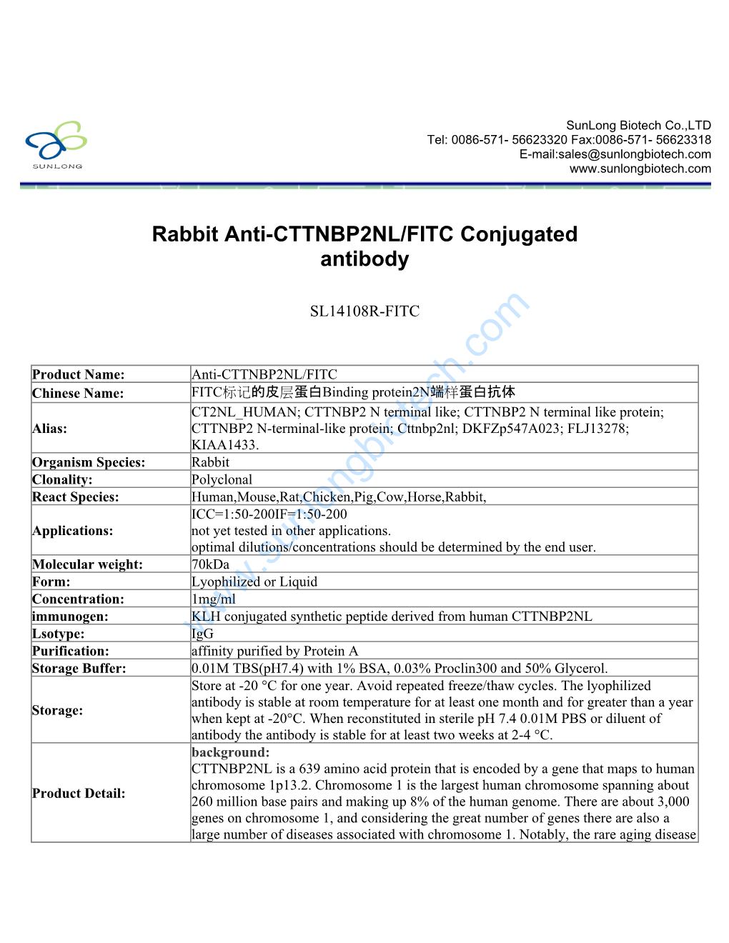 Rabbit Anti-CTTNBP2NL/FITC Conjugated Antibody-SL14108R