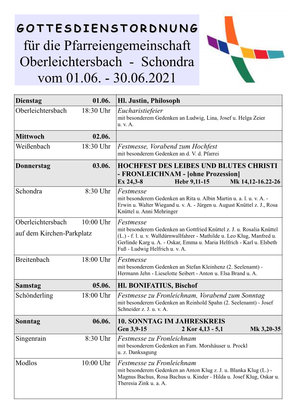 Für Die Pfarreiengemeinschaft Oberleichtersbach - Schondra Vom 01.06