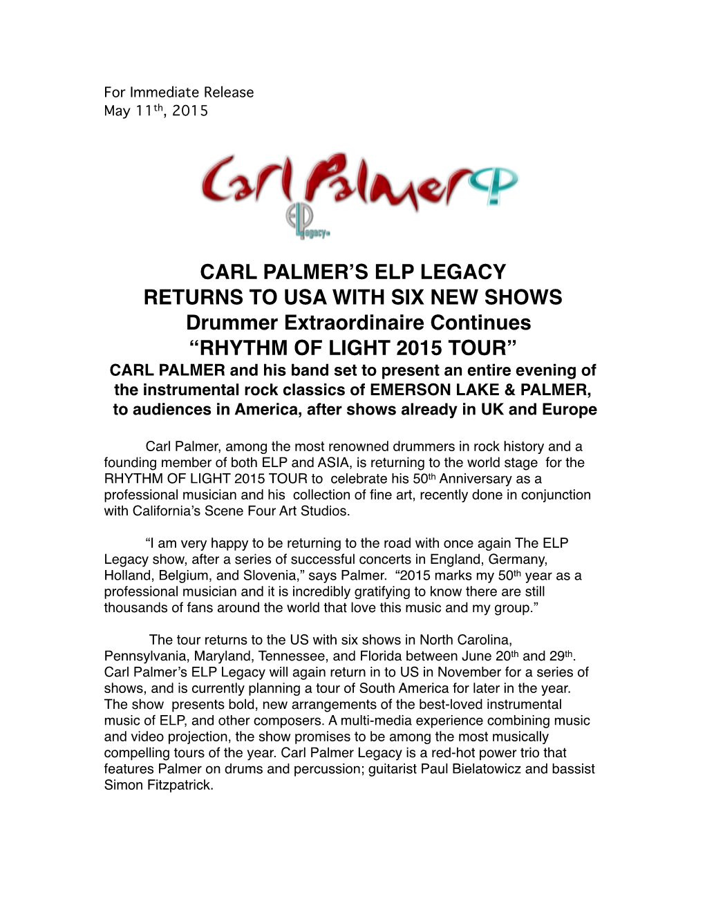 Carl Palmer's Elp Legacy Returns to Usa with Six New