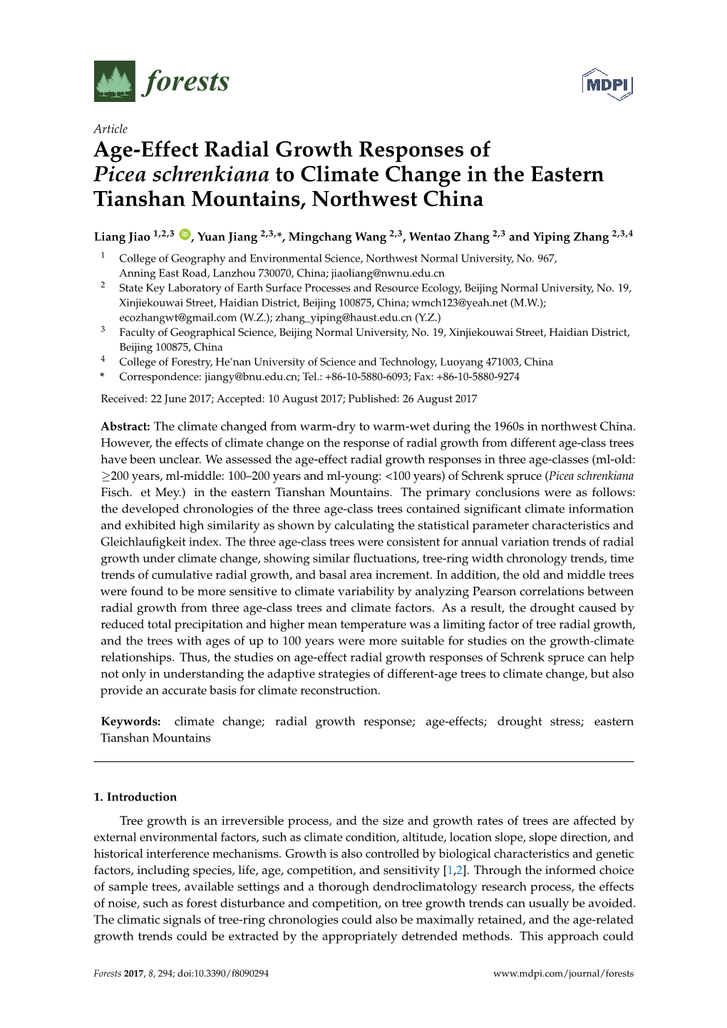 Age-Effect Radial Growth Responses of Picea Schrenkiana to Climate Change in the Eastern Tianshan Mountains, Northwest China