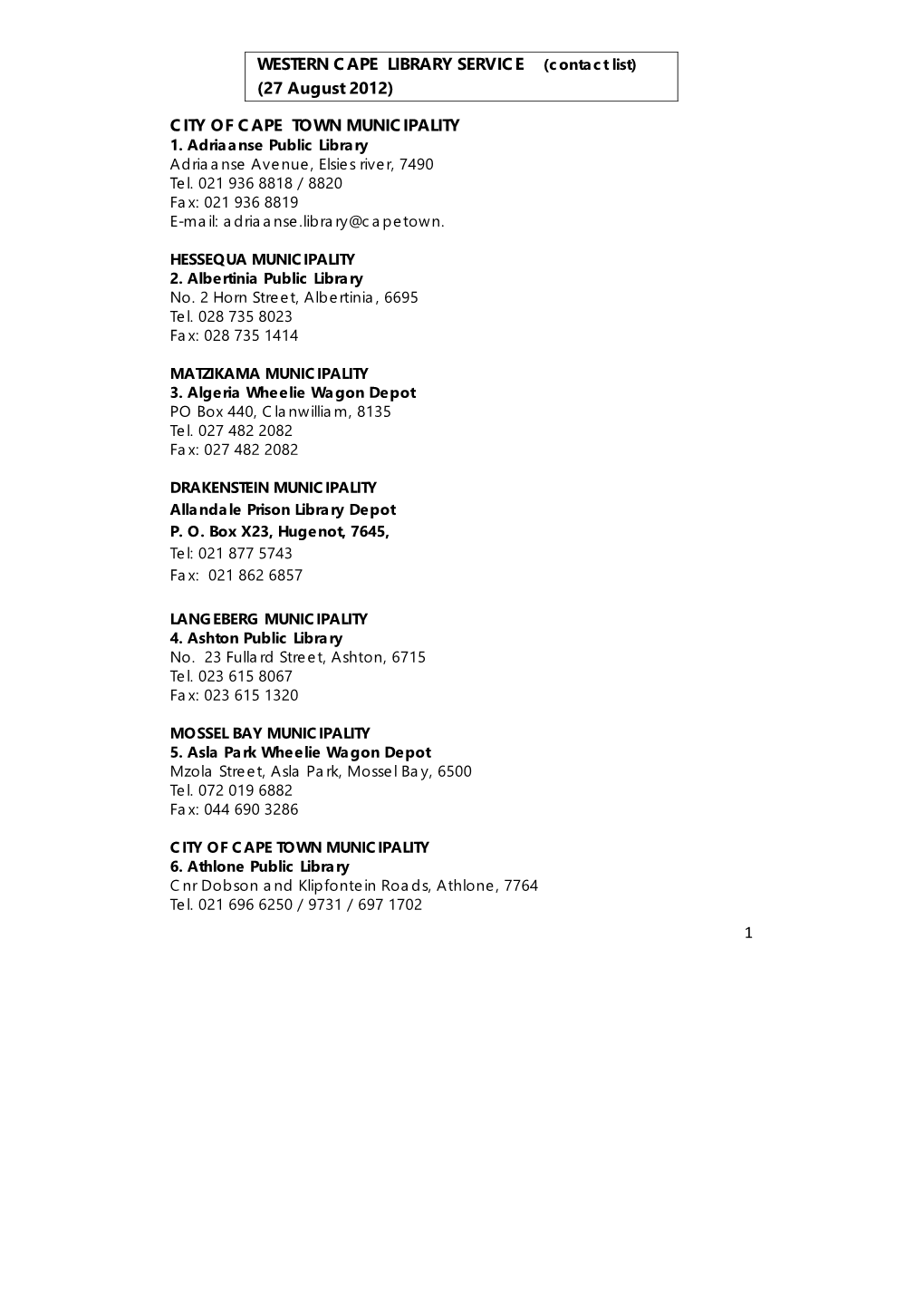 WESTERN CAPE LIBRARY SERVICE (Contact List) (27 August 2012)