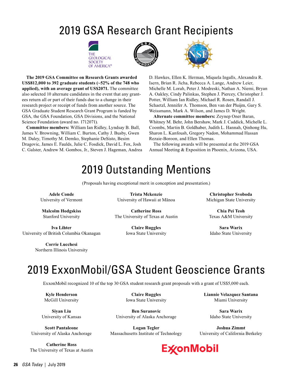 2019 GSA Research Grant Recipients 2019 Outstanding Mentions 2019 Exxonmobil/GSA Student Geoscience Grants