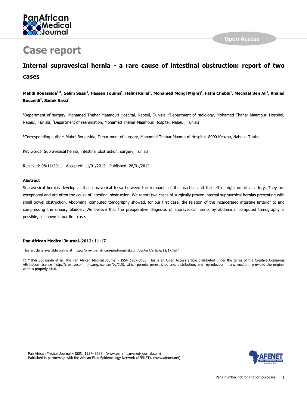 Case Report Internal Supravesical Hernia - a Rare Cause of Intestinal Obstruction: Report of Two Cases