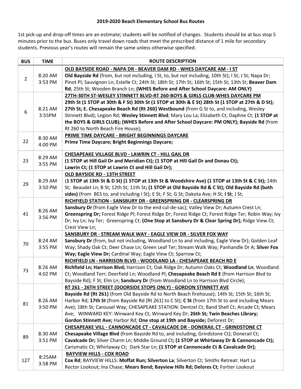 Beach Elementary Bus Routes