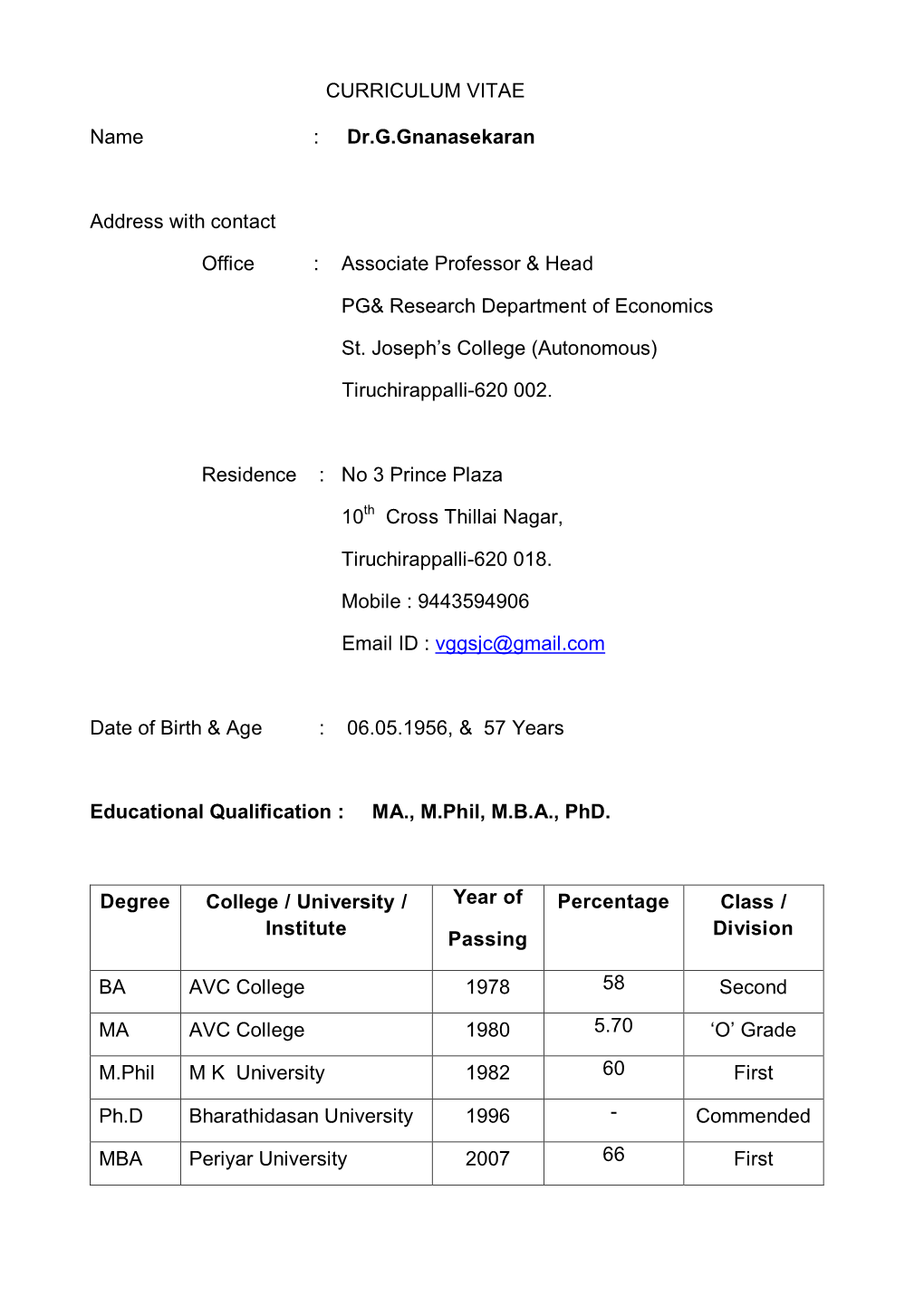 Dr.G.Gnanasekaran Address with Contact Office