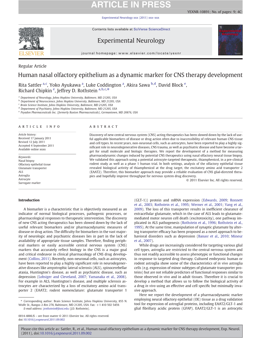 Human Nasal Olfactory Epithelium As a Dynamic Marker for CNS Therapy Development