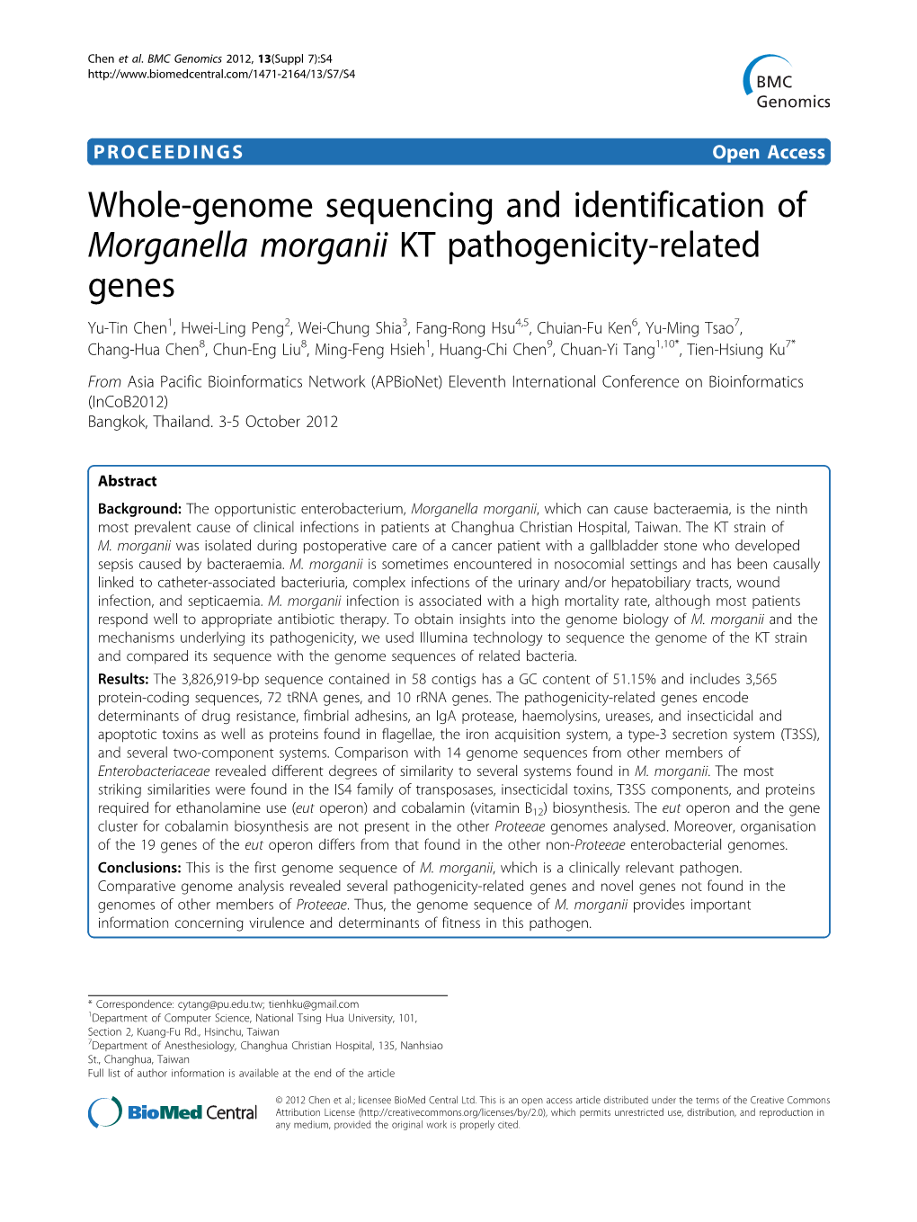 Whole-Genome Sequencing and Identification of Morganella
