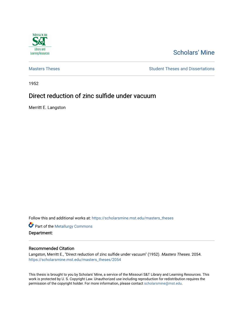 Direct Reduction of Zinc Sulfide Under Vacuum