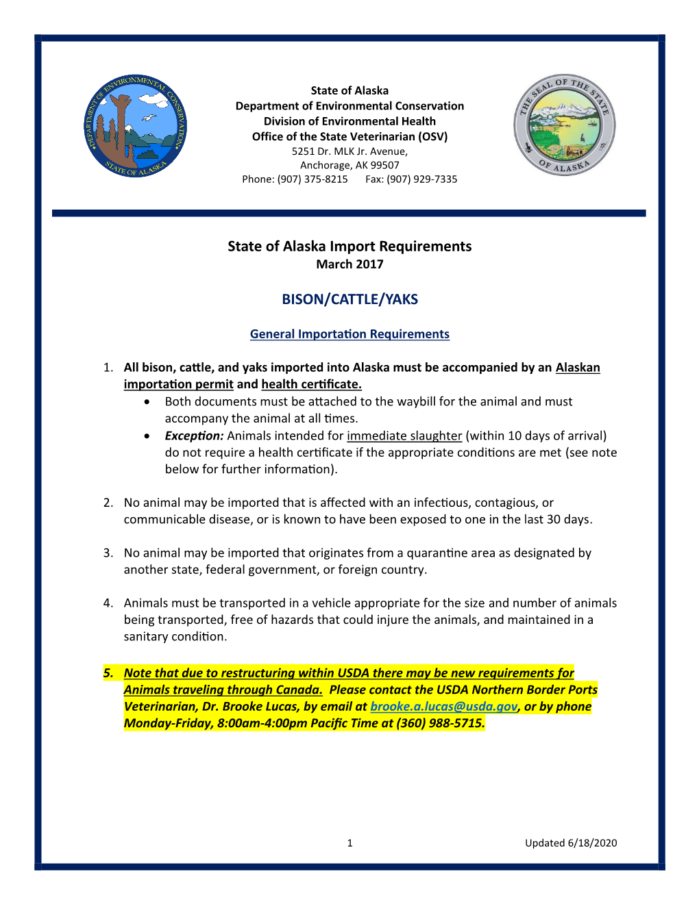 State of Alaska Import Requirements BISON/CATTLE/YAKS