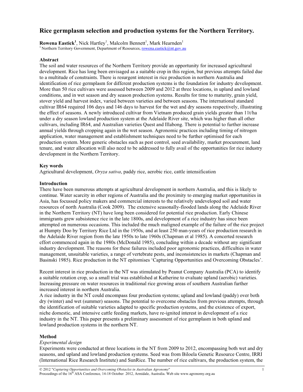 Rice Germplasm Selection and Production Systems for the Northern Territory