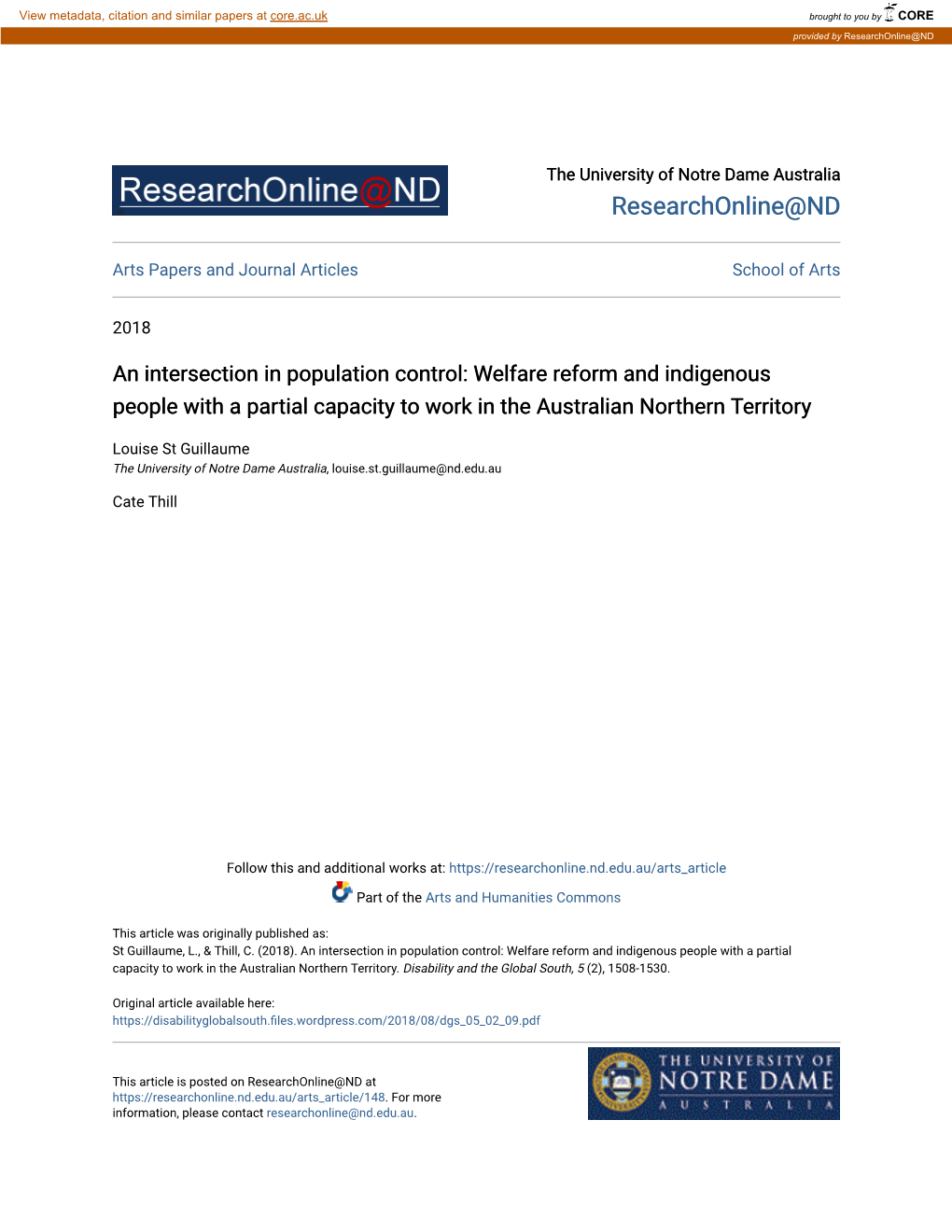 An Intersection in Population Control: Welfare Reform and Indigenous People with a Partial Capacity to Work in the Australian Northern Territory
