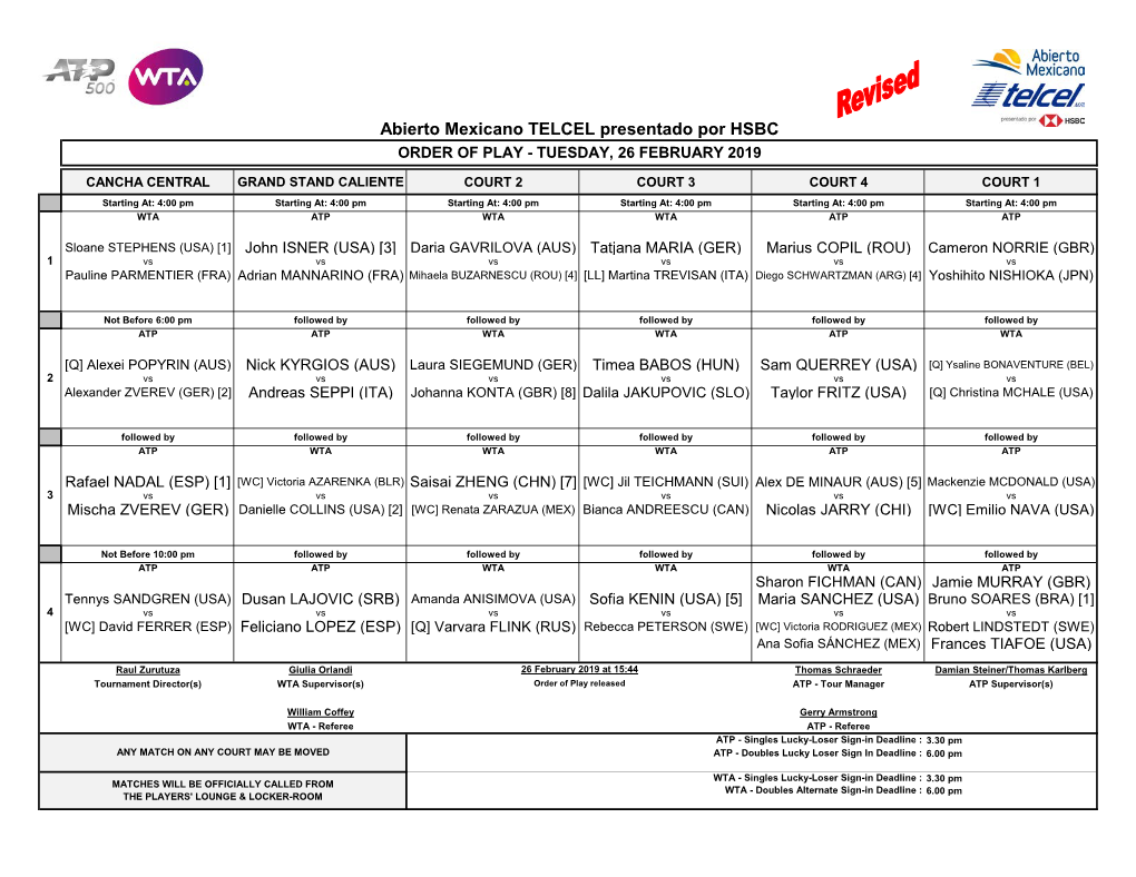 Abierto Mexicano TELCEL Presentado Por HSBC ORDER of PLAY - TUESDAY, 26 FEBRUARY 2019