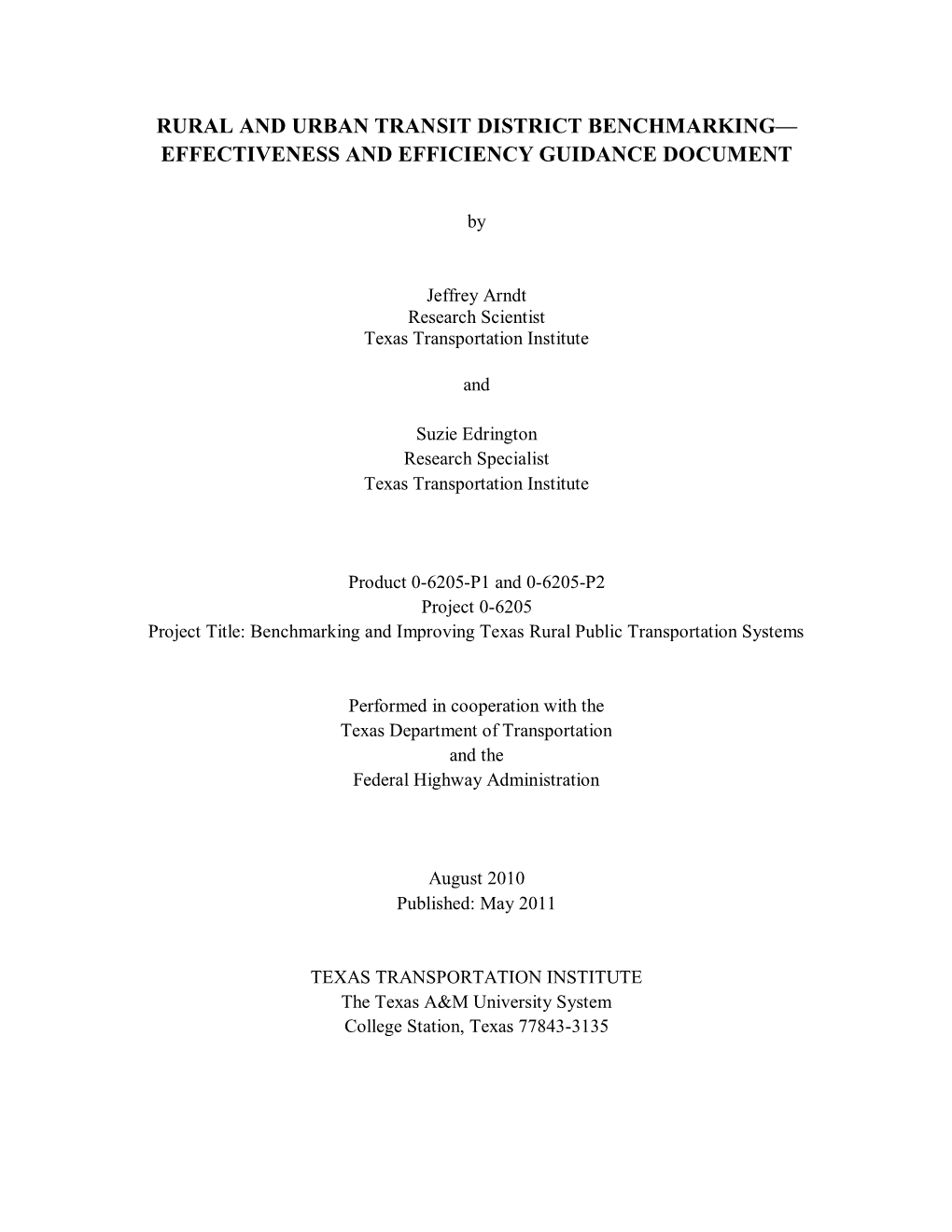 Rural and Urban Transit District Benchmarking— Effectiveness and Efficiency Guidance Document