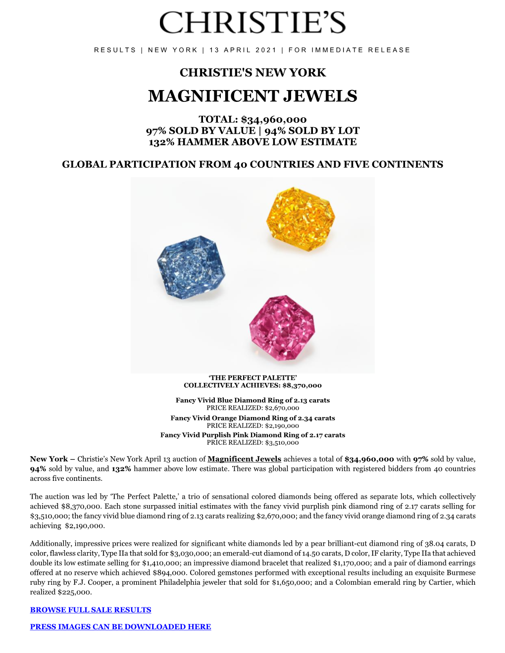 Results Christies Jewels April 13 Magnificent Jewels