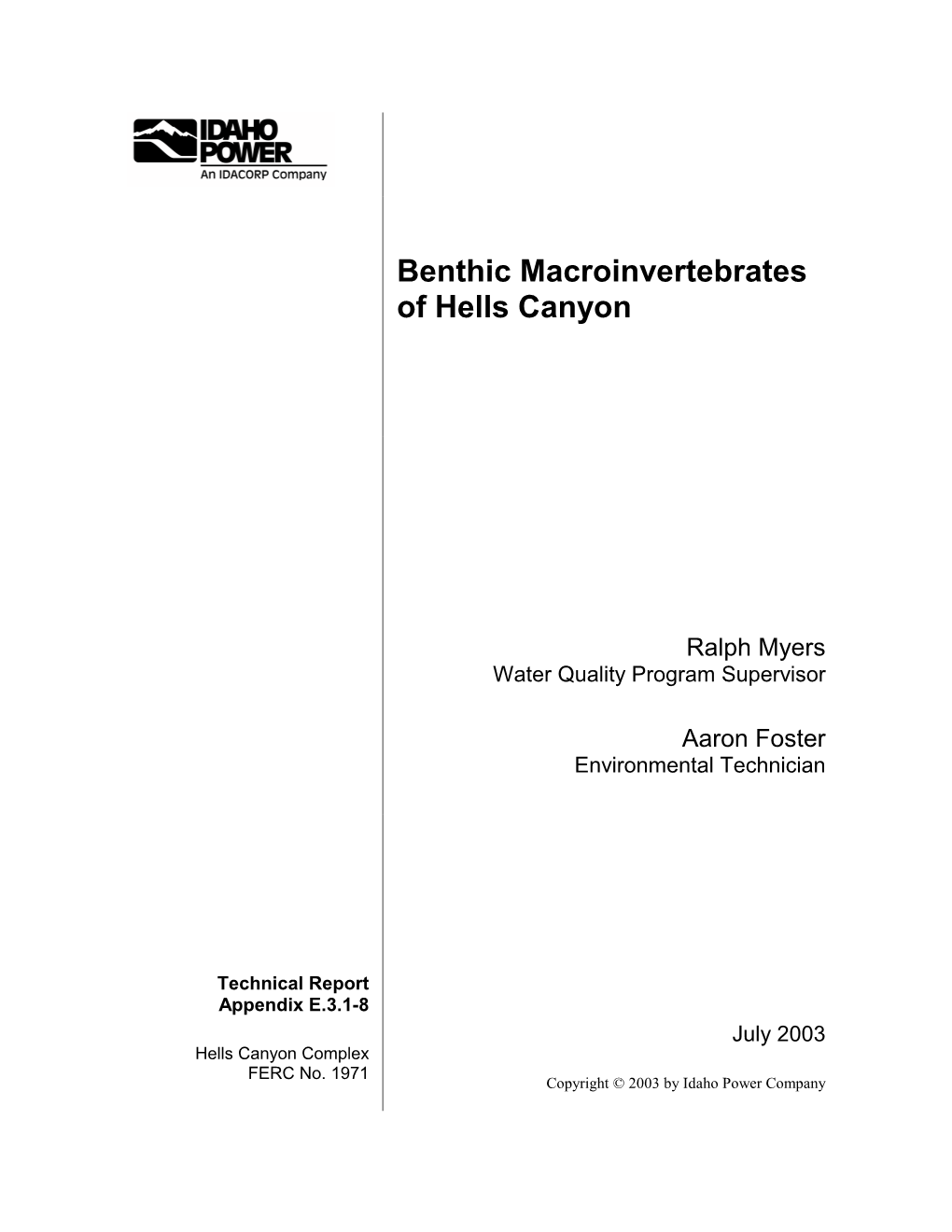 Benthic Macroinvertebrates of Hells Canyon