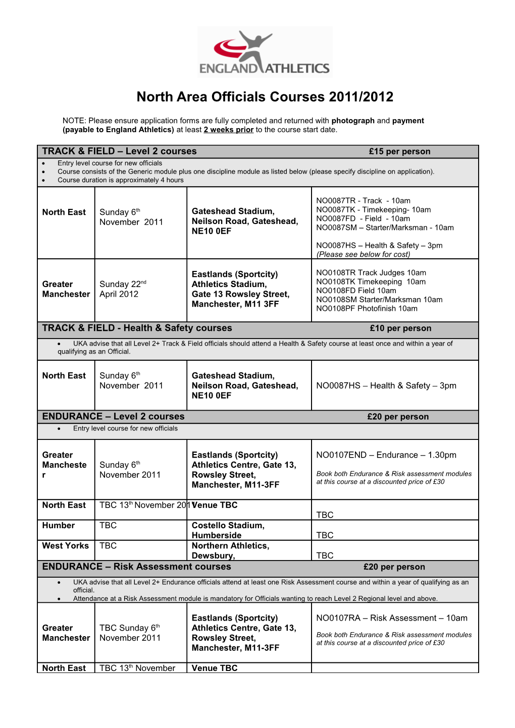 North West Coaching Courses Arranged for Summer/Winter 2004/2005