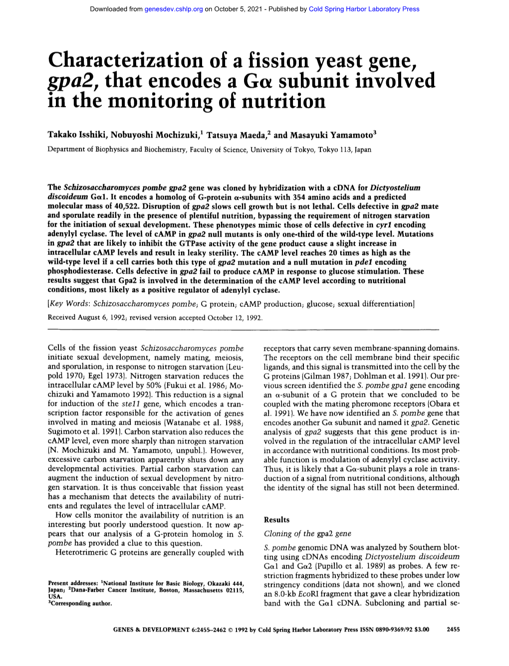 Characterization of a Fission Yeast Gene, Gpa2, That Encodes a Subunit Involved in the Monitoring of Nutrition