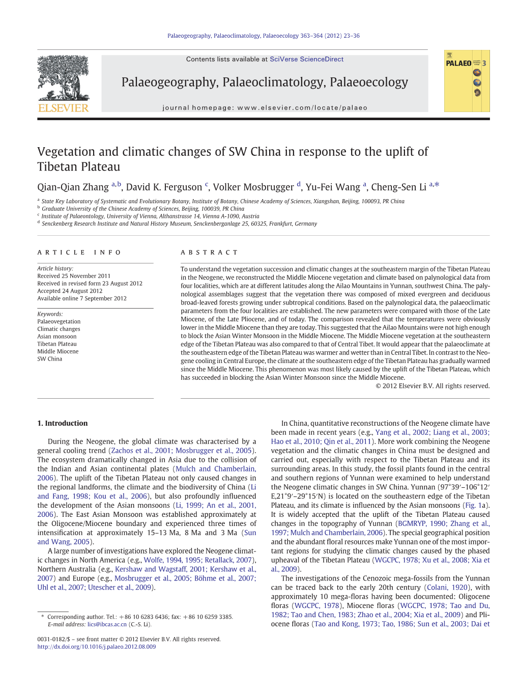 Vegetation and Climatic Changes of SW China in Response to the Uplift of Tibetan Plateau