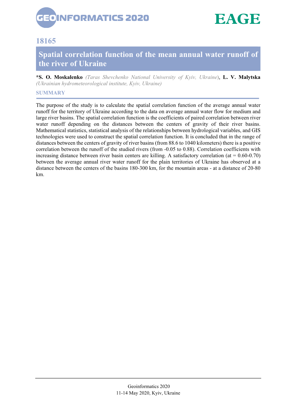 18165 Spatial Correlation Function of the Mean Annual Water Runoff of the River of Ukraine