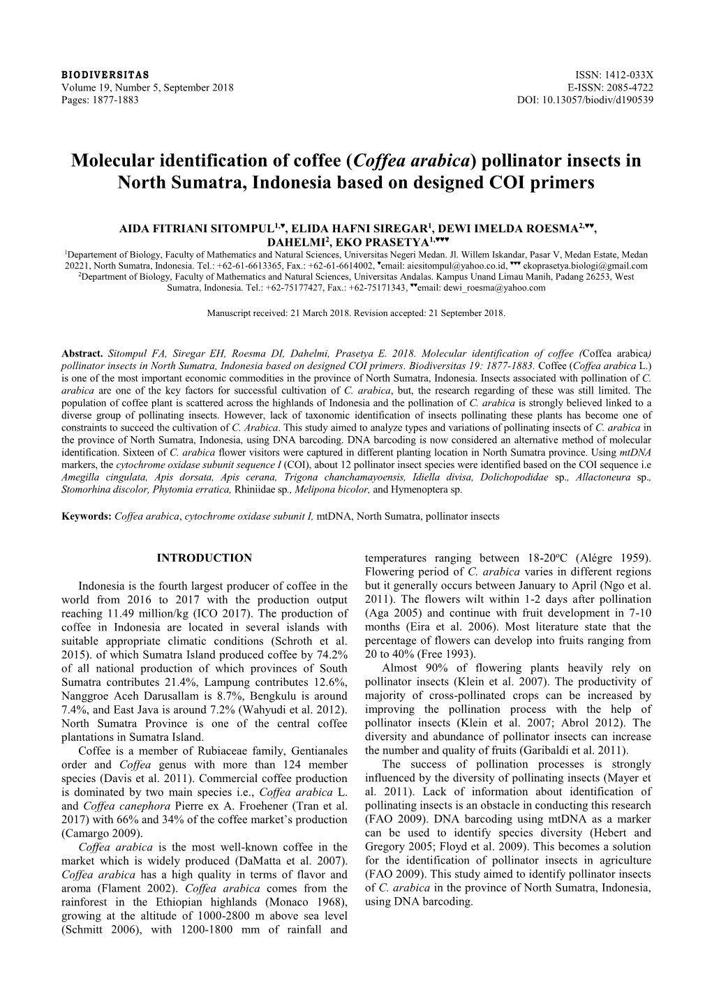 (Coffea Arabica) Pollinator Insects in North Sumatra, Indonesia Based on Designed COI Primers