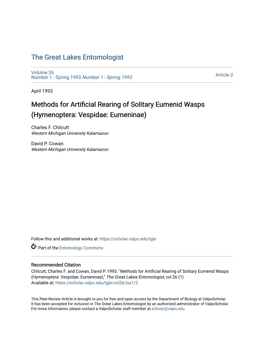 Methods for Artificial Rearing of Solitary Eumenid Wasps (Hymenoptera: Vespidae: Eumeninae)