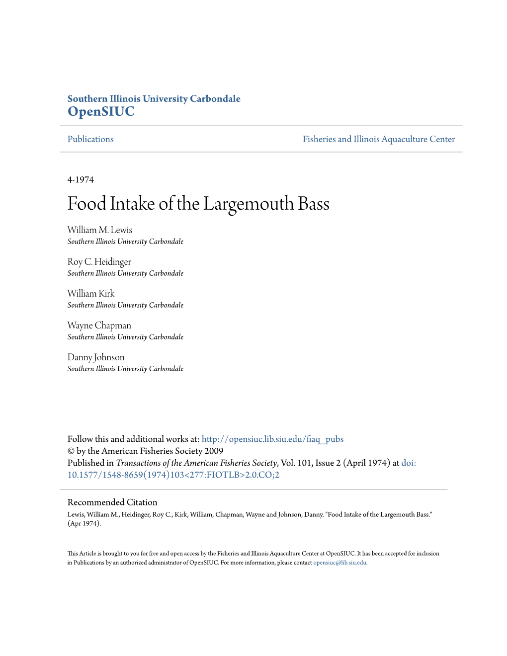 Food Intake of the Largemouth Bass William M