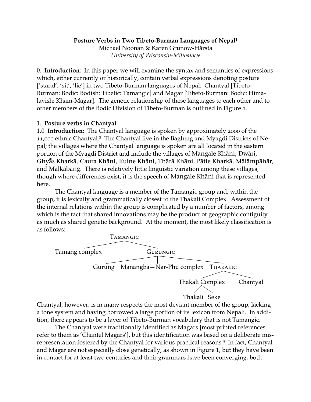 Posture Verbs in Two Tibeto-Burman Languages of Nepal1 Michael Noonan & Karen Grunow-Hårsta University of Wisconsin-Milwaukee