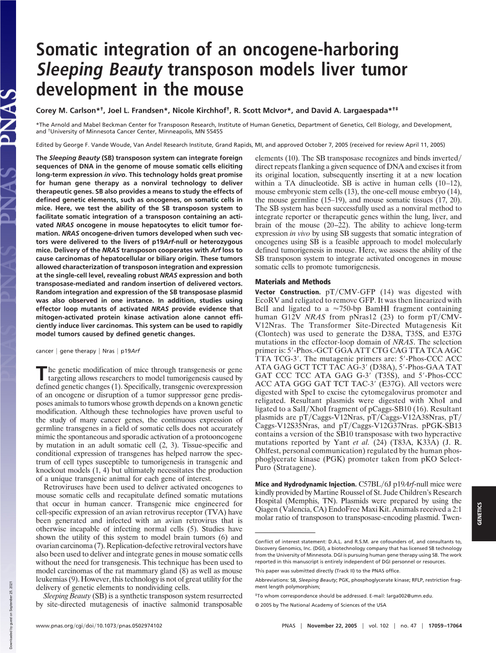Somatic Integration of an Oncogene-Harboring Sleeping Beauty Transposon Models Liver Tumor Development in the Mouse
