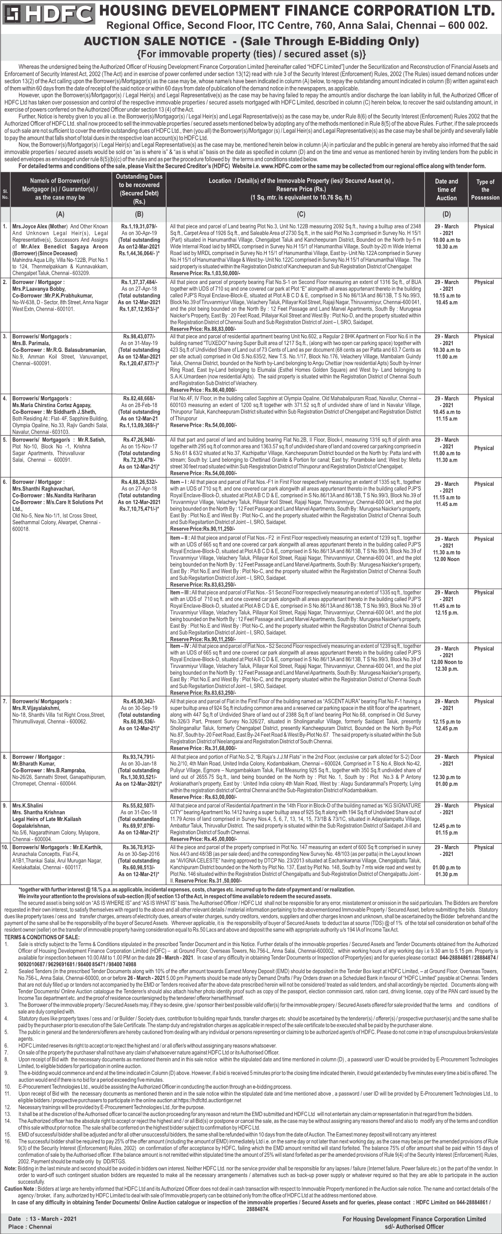 HOUSING DEVELOPMENT FINANCE CORPORATION LTD. Regional Office, Second Floor, ITC Centre, 760, Anna Salai, Chennai – 600 002