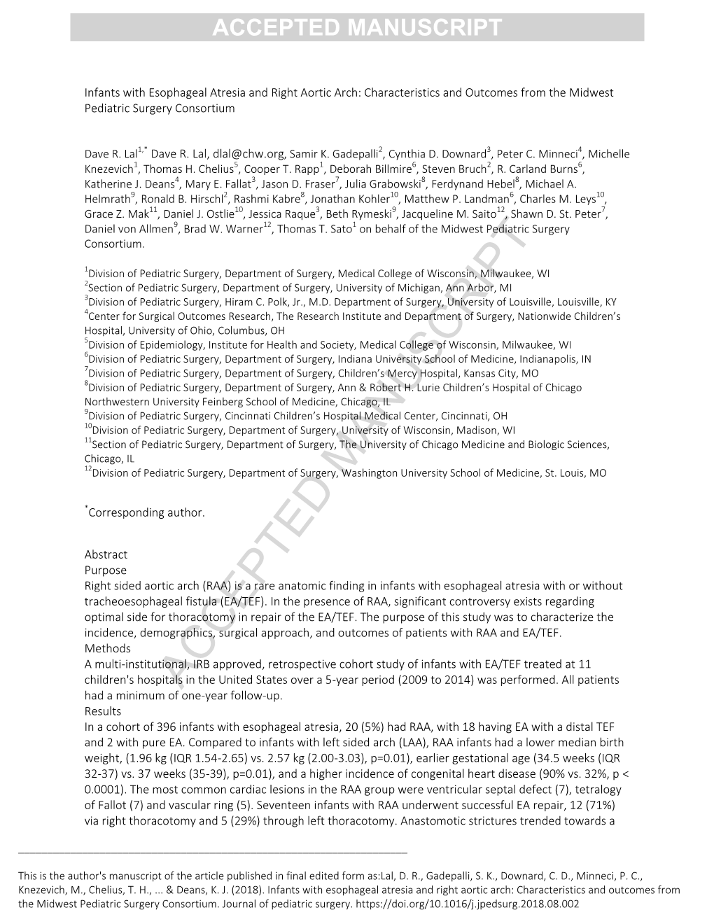 Infants with Esophageal Atresia and Right Aortic Arch: Characteristics and Outcomes from the Midwest Pediatric Surgery Consortium