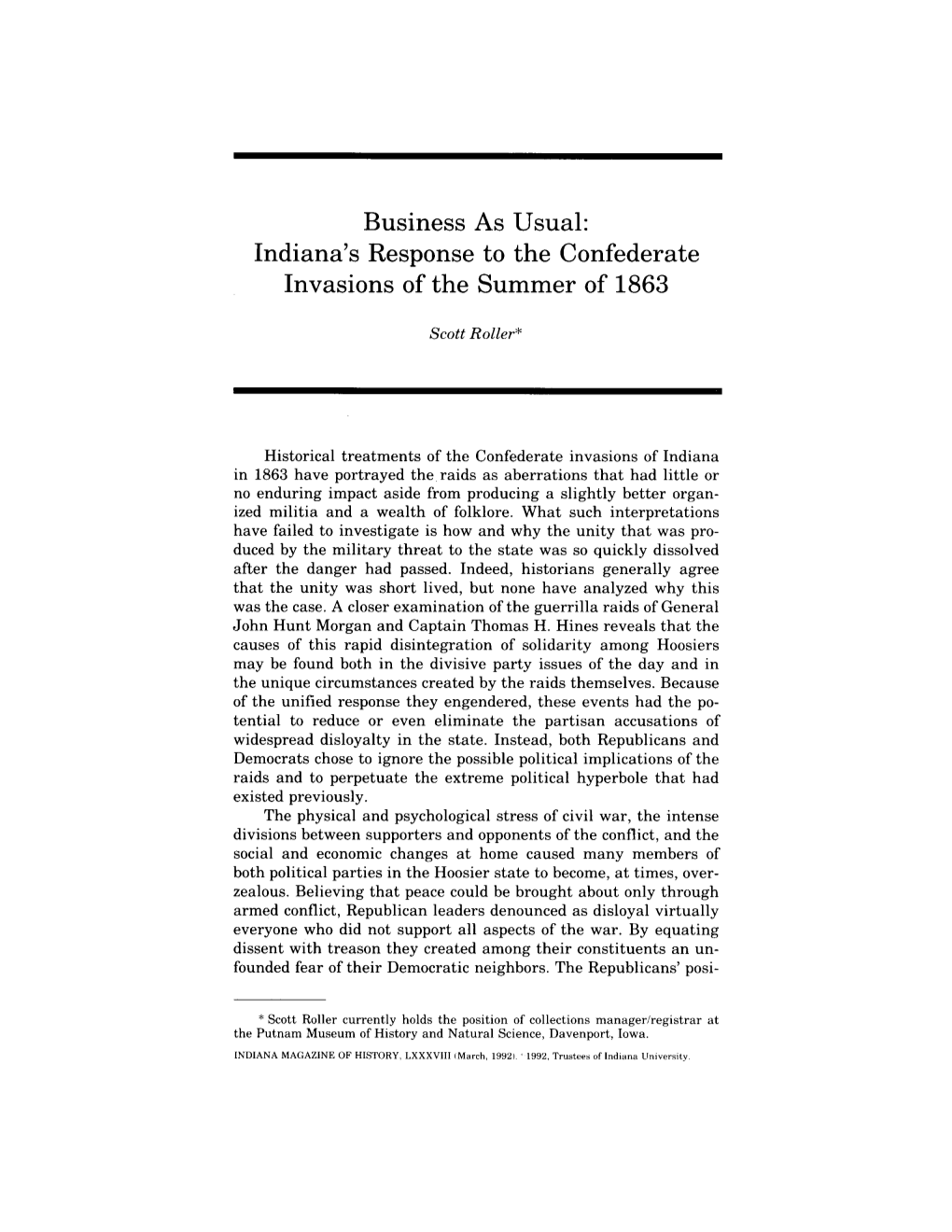 Business As Usual: Indiana's Response to the Confederate Invasions of the Summer of 1863