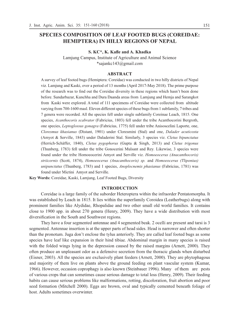 Species Composition of Leaf Footed Bugs (Coreidae: Hemiptera) in Hilly Regions of Nepal