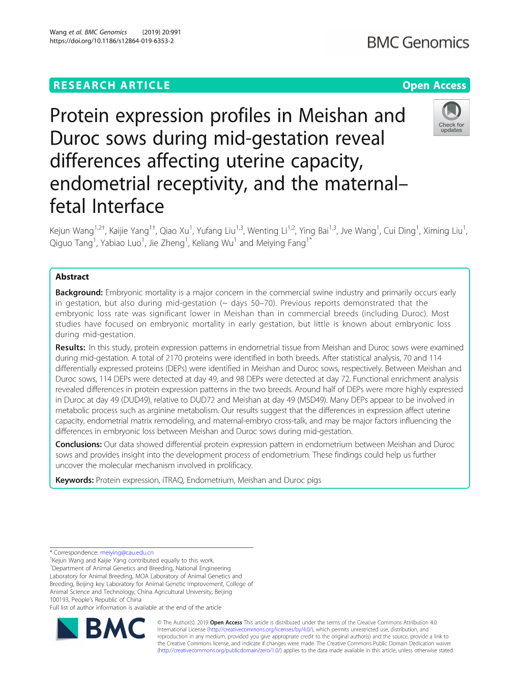 Protein Expression Profiles in Meishan and Duroc Sows During Mid