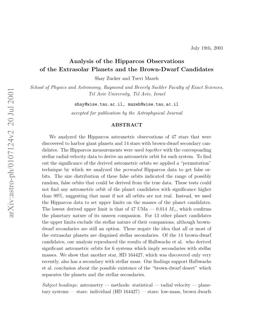 Analysis of the Hipparcos Observations of the Extrasolar