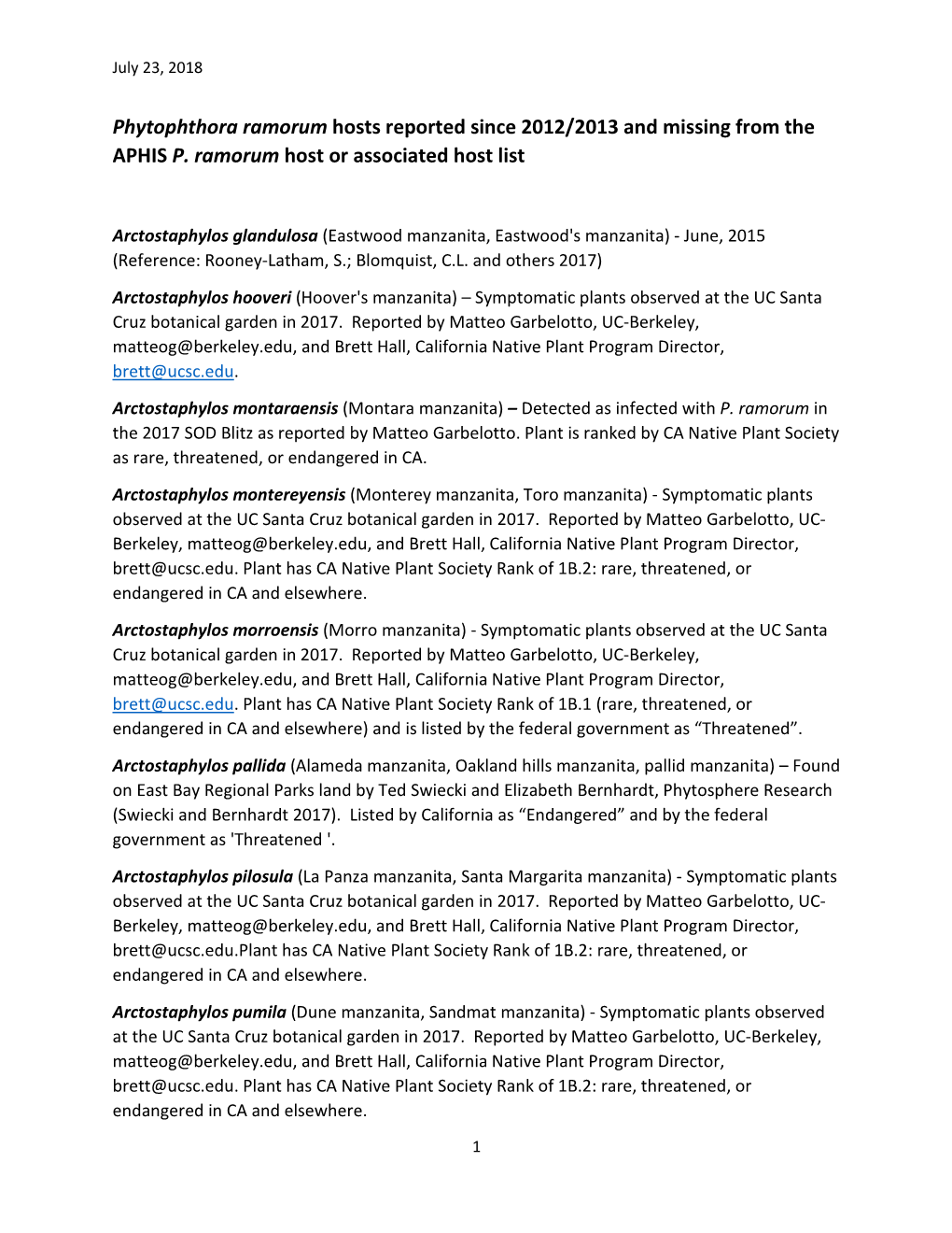 Phytophthora Ramorum Hosts Reported Since 2012/2013 and Missing from the APHIS P