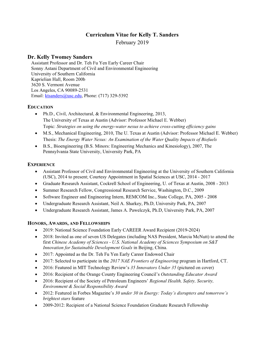 Curriculum Vitae for Kelly T. Sanders February 2019 Dr. Kelly Twomey