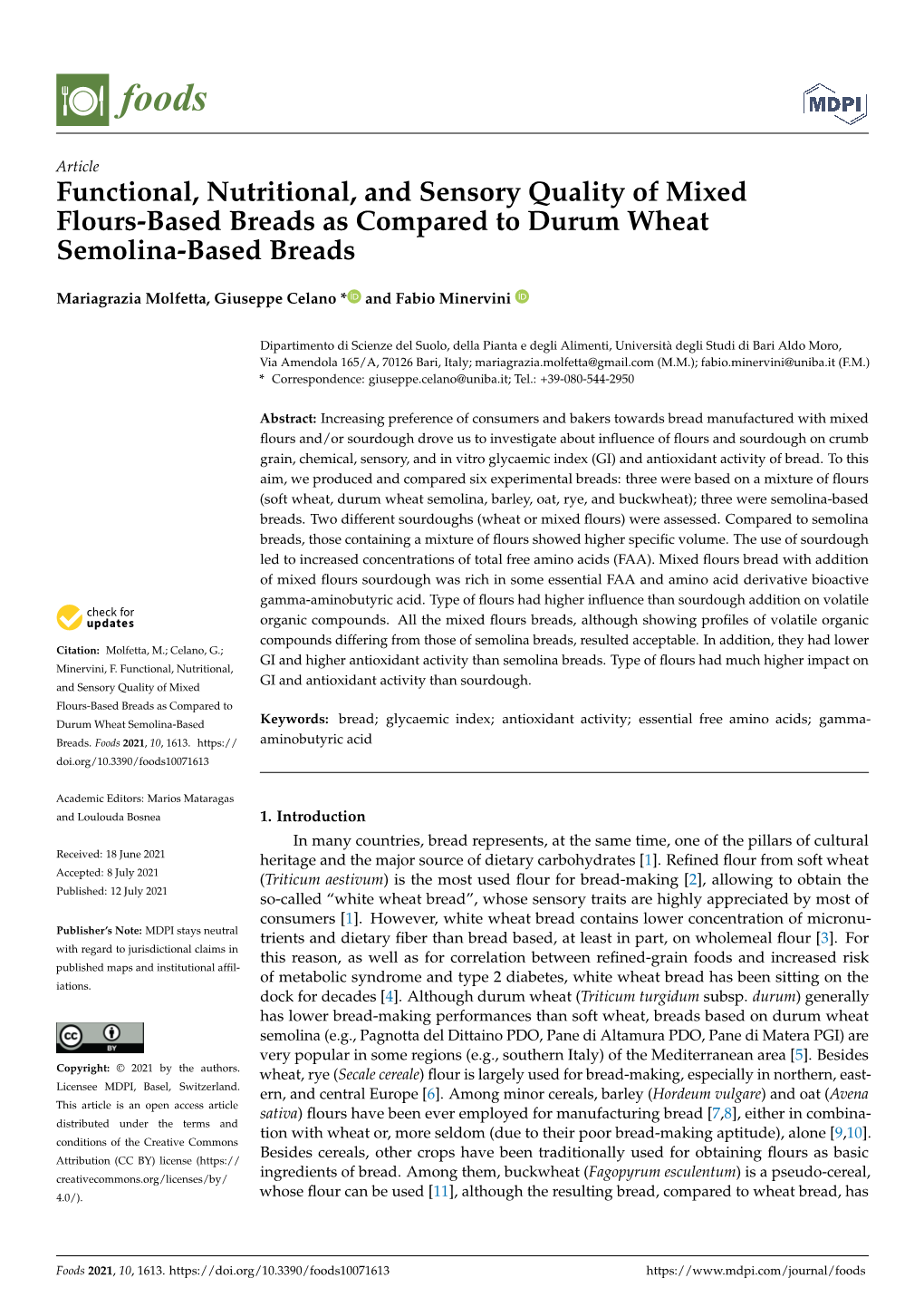 Functional, Nutritional, and Sensory Quality of Mixed Flours-Based Breads As Compared to Durum Wheat Semolina-Based Breads