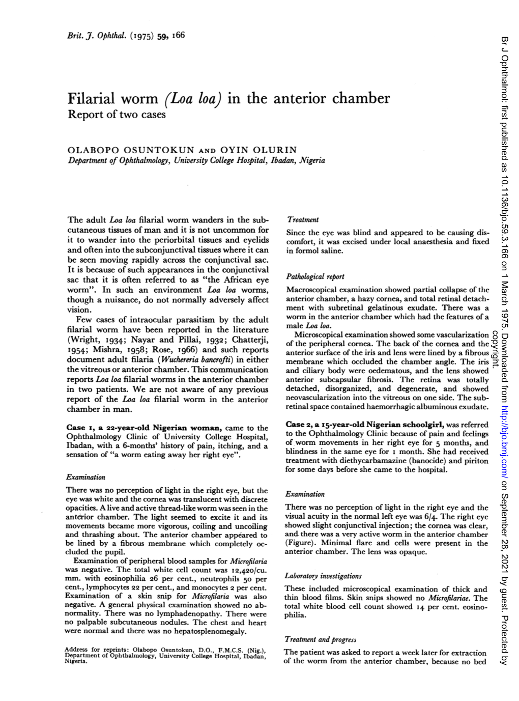 Filarial Worm (Loa Loa) in the Anterior Chamber Report of Two Cases