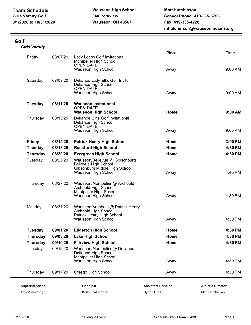 Team Schedule Golf