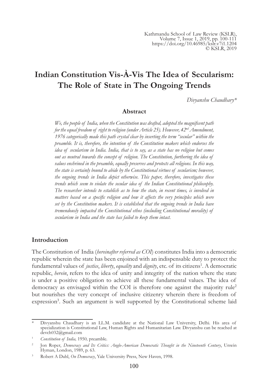Indian Constitution Vis-À-Vis the Idea of Secularism: the Role of State in the Ongoing Trends