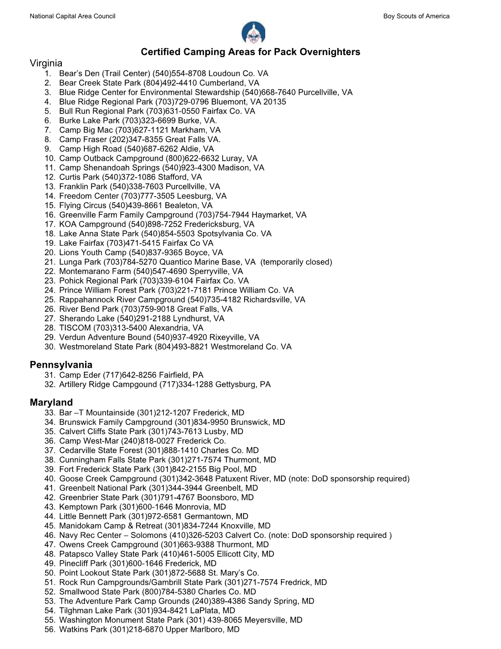 Certified Camping Areas for Pack Overnighters Virginia Pennsylvania Maryland